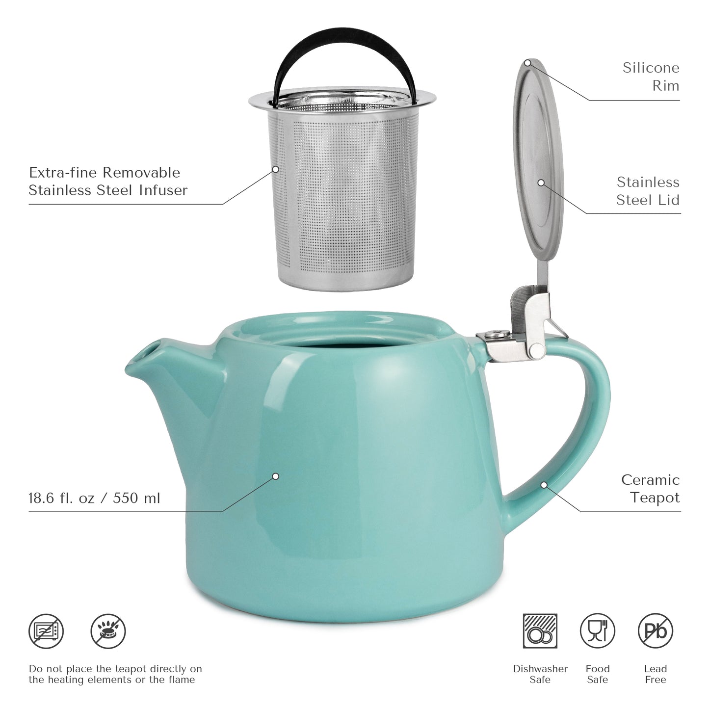 
                  
                    ORNA Keramik-Teekanne mit Siebkorb und Edelstahldeckel in Türkis, 18,6 oz (550 ml) 
                  
                