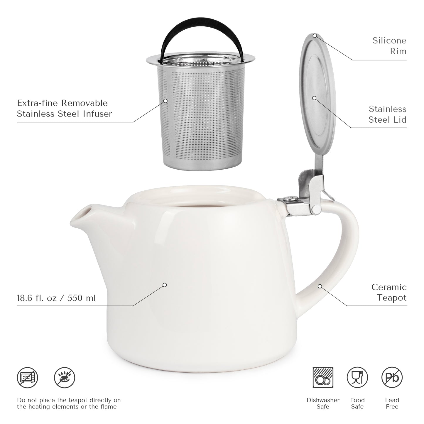 
                  
                    ORNA Keramik-Teekanne mit Siebkorb und Edelstahldeckel in Weiß, 18,6 oz (550 ml) 
                  
                