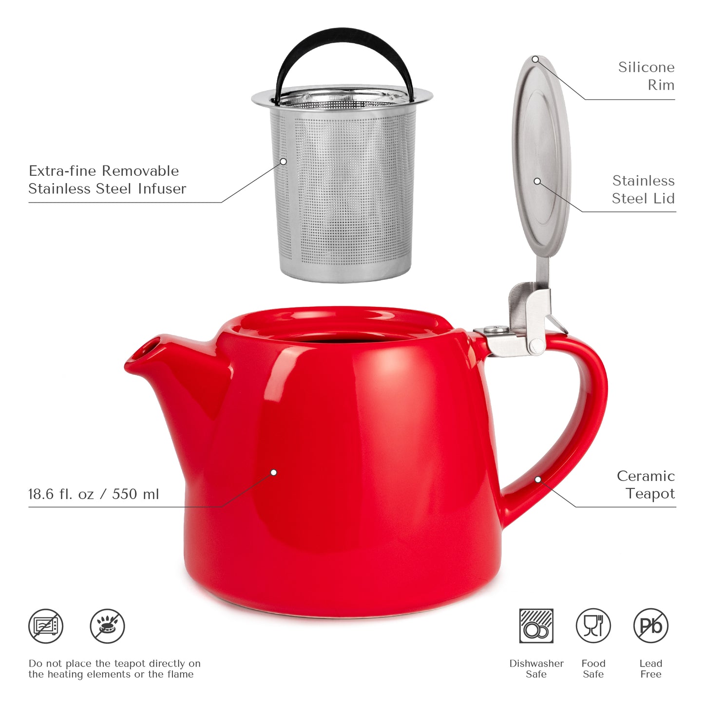 
                  
                    ORNA Keramik-Teekanne mit Siebkorb und Edelstahldeckel in Rot, 18,6 oz (550 ml) 
                  
                