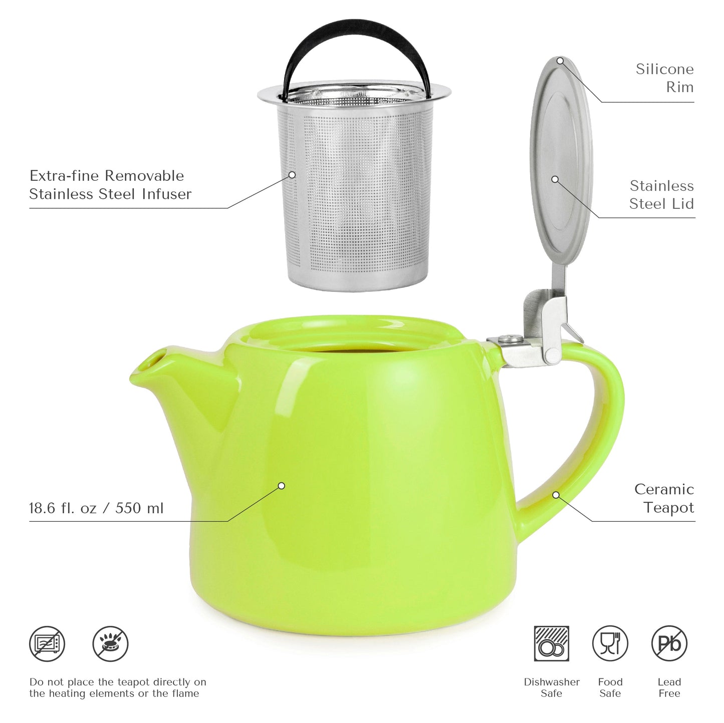 ORNA Ceramic Teapot with Basket Infuser and Stainless Steel Lid in Lime, 18.6 Oz (550ml)