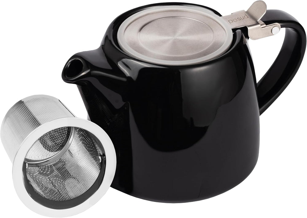 posud Keramik-Teekanne mit Teesieb – Kleine Porzellan-Teekanne für 2 Personen mit losem Teeblatt – 550 ml / 18,6 oz Stump-Teekanne für 2 Tassen mit Sieb (Schwarz) 