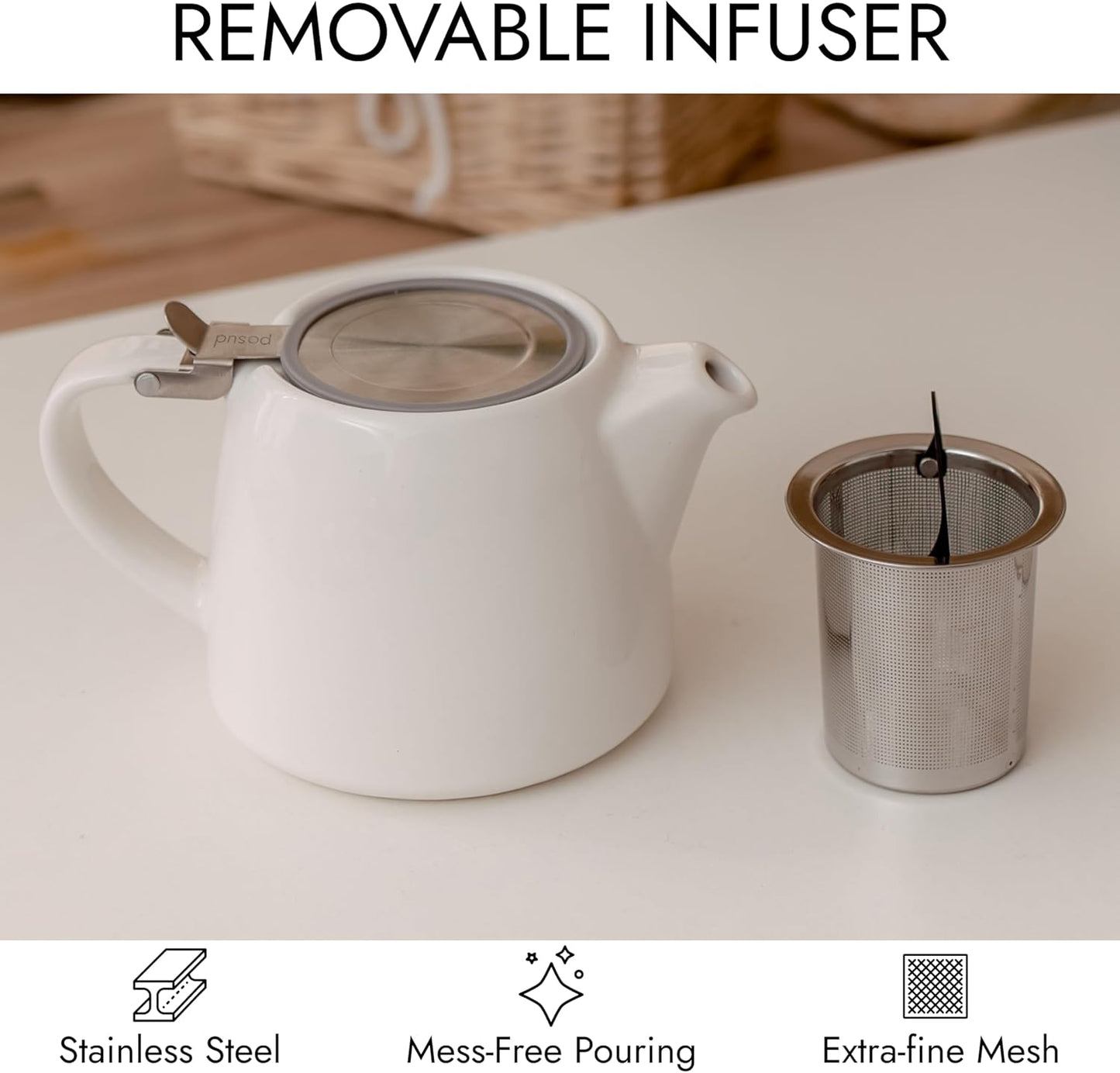
                  
                    posud Keramik-Teekanne mit Teesieb – Kleine Porzellan-Teekanne für 2 Personen mit losem Teeblatt – 550 ml / 18,6 oz Stump-Teekanne für 2 Tassen mit Sieb (Weiß) 
                  
                