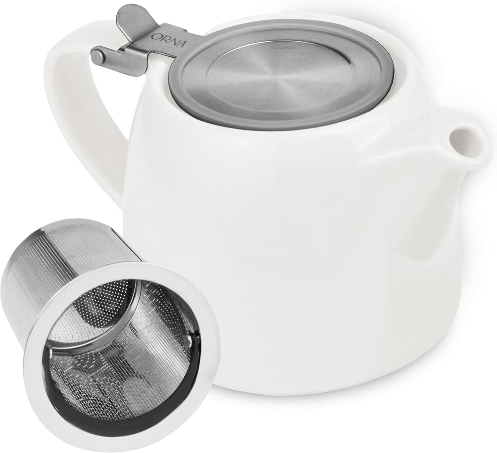 ORNA Keramik-Teekanne mit Siebkorb und Edelstahldeckel in Weiß, 18,6 oz (550 ml) 