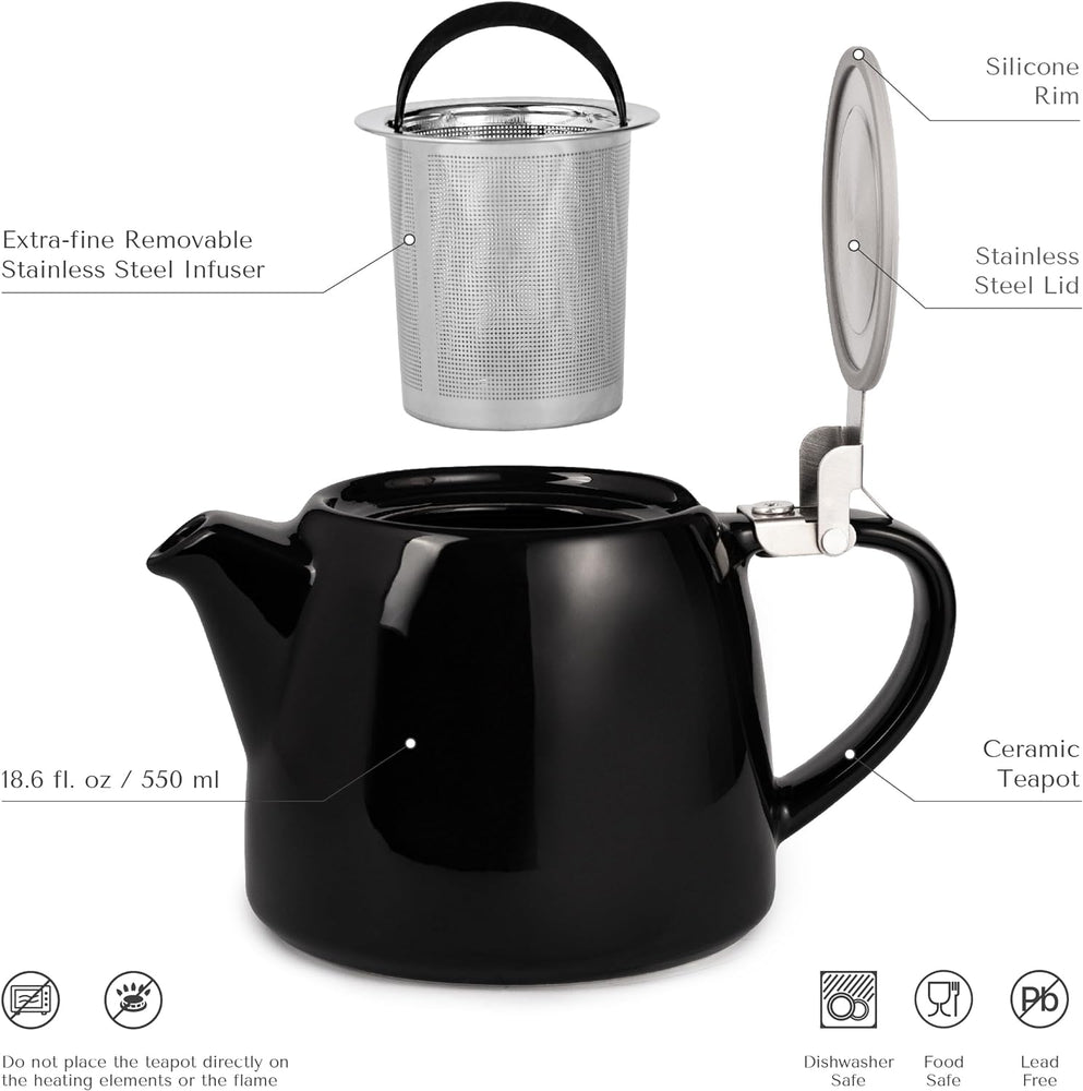 ORNA Ceramic Teapot with Basket Infuser and Stainless Steel Lid in Black, 18.6 Oz (550ml)