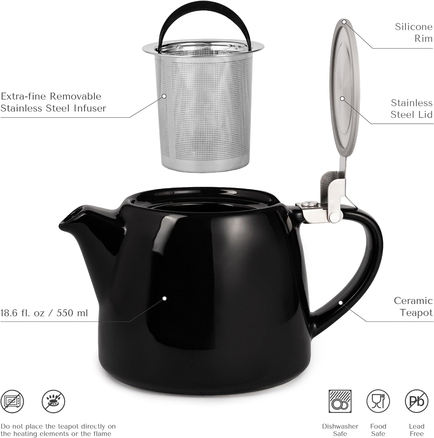 ORNA Ceramic Teapot with Basket Infuser and Stainless Steel Lid in Black, 18.6 Oz (550ml)