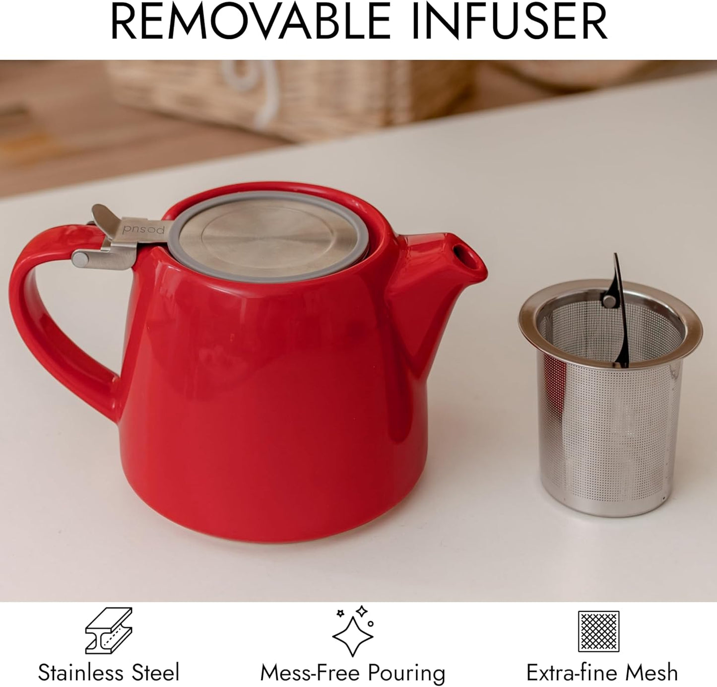 
                  
                    posud Keramik-Teekanne mit Teesieb – Kleine Porzellan-Teekanne für 2 Personen mit losem Teeblatt – 550 ml / 18,6 oz Stump-Teekanne für 2 Tassen mit Sieb (Rot) 
                  
                