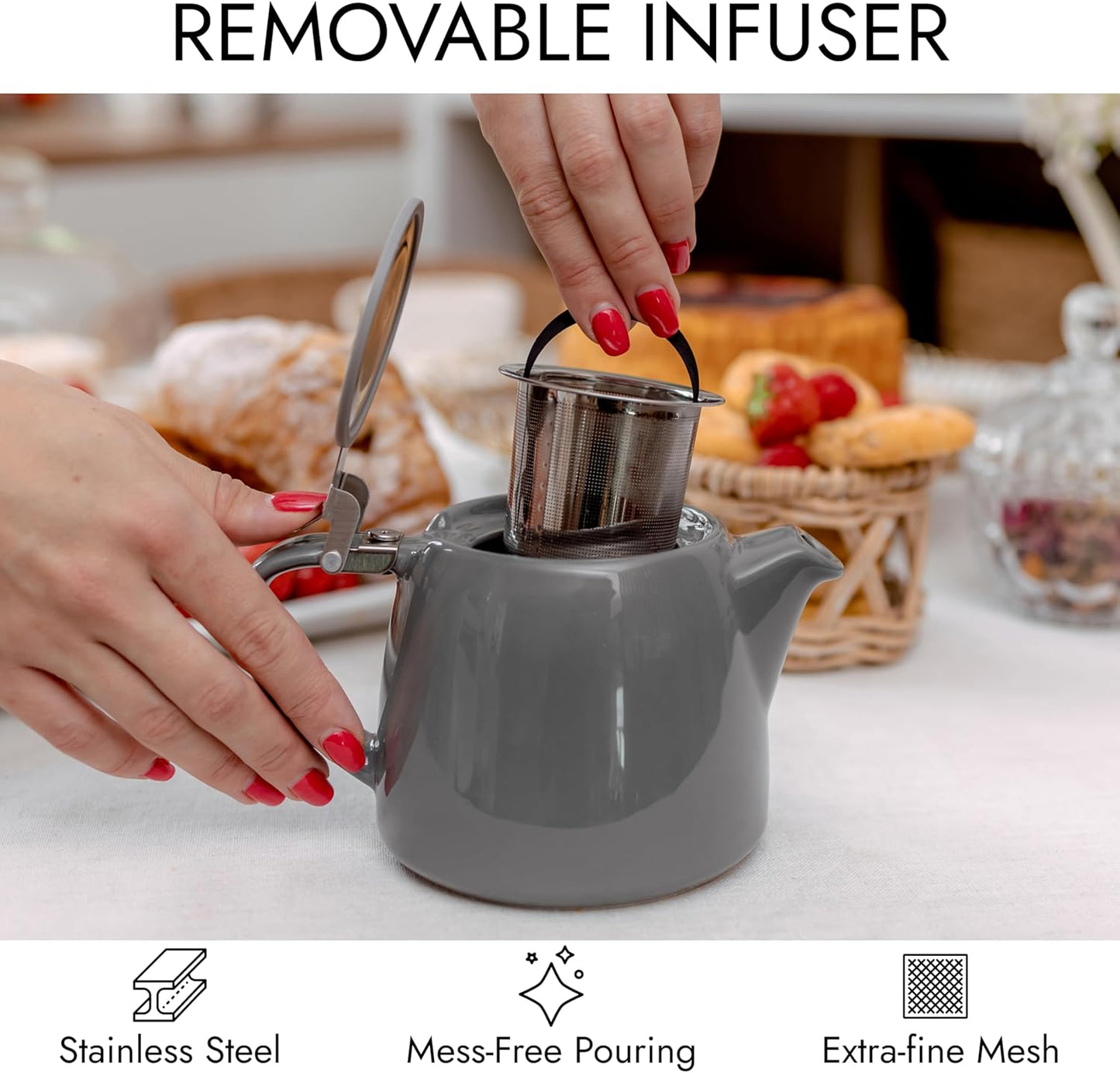 
                  
                    posud Keramik-Teekanne mit Teesieb – Kleine Porzellan-Teekanne für 2 Personen mit losem Teeblatt – 550 ml / 18,6 oz Stump-Teekanne für 2 Tassen mit Sieb (Grau) 
                  
                