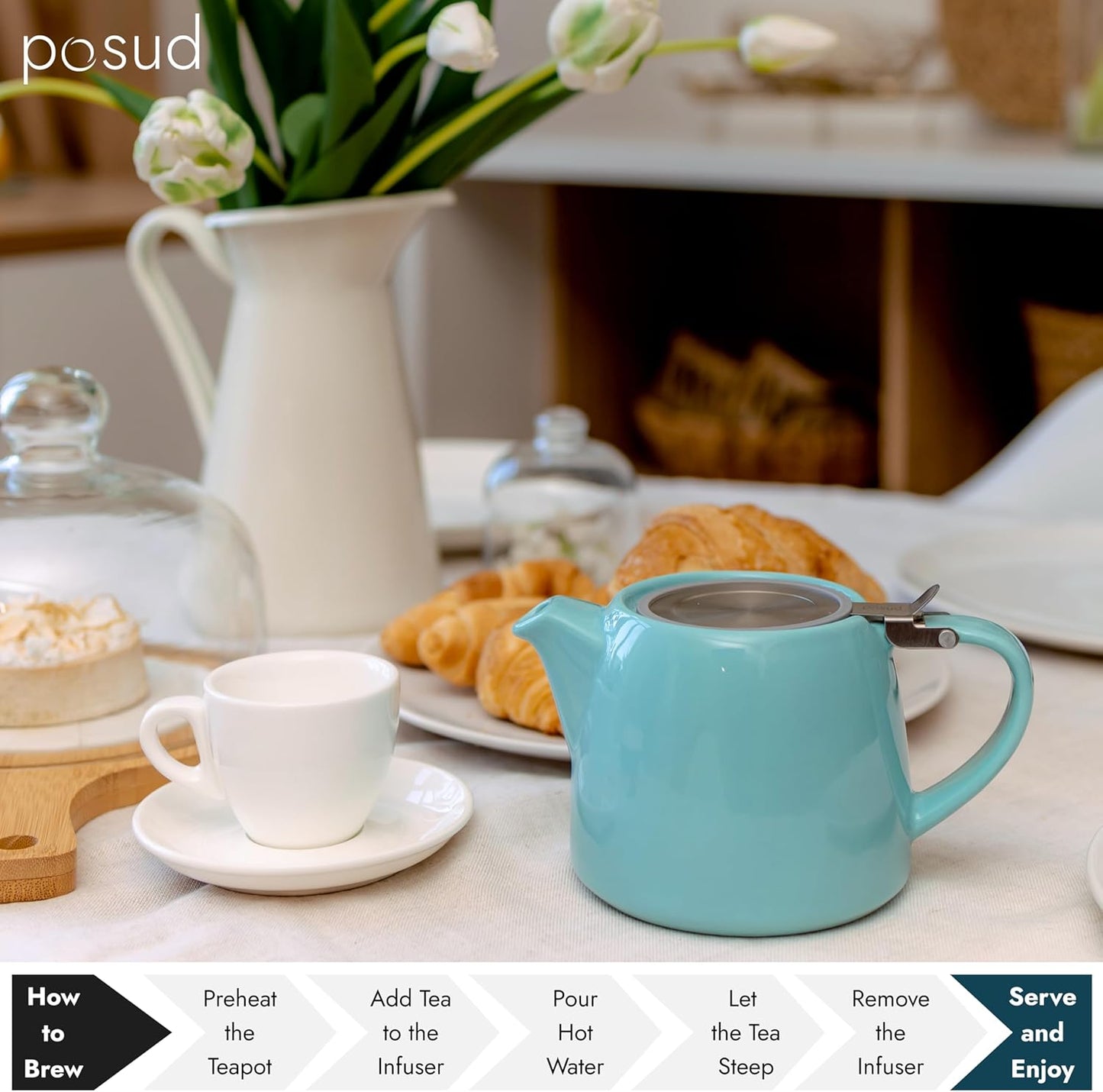 
                  
                    posud Keramik-Teekanne mit Teesieb – Kleine Porzellan-Teekanne für 2 Personen mit losem Teeblatt – 550 ml / 18,6 oz Stump-Teekanne für 2 Tassen mit Sieb (Türkis)
                  
                