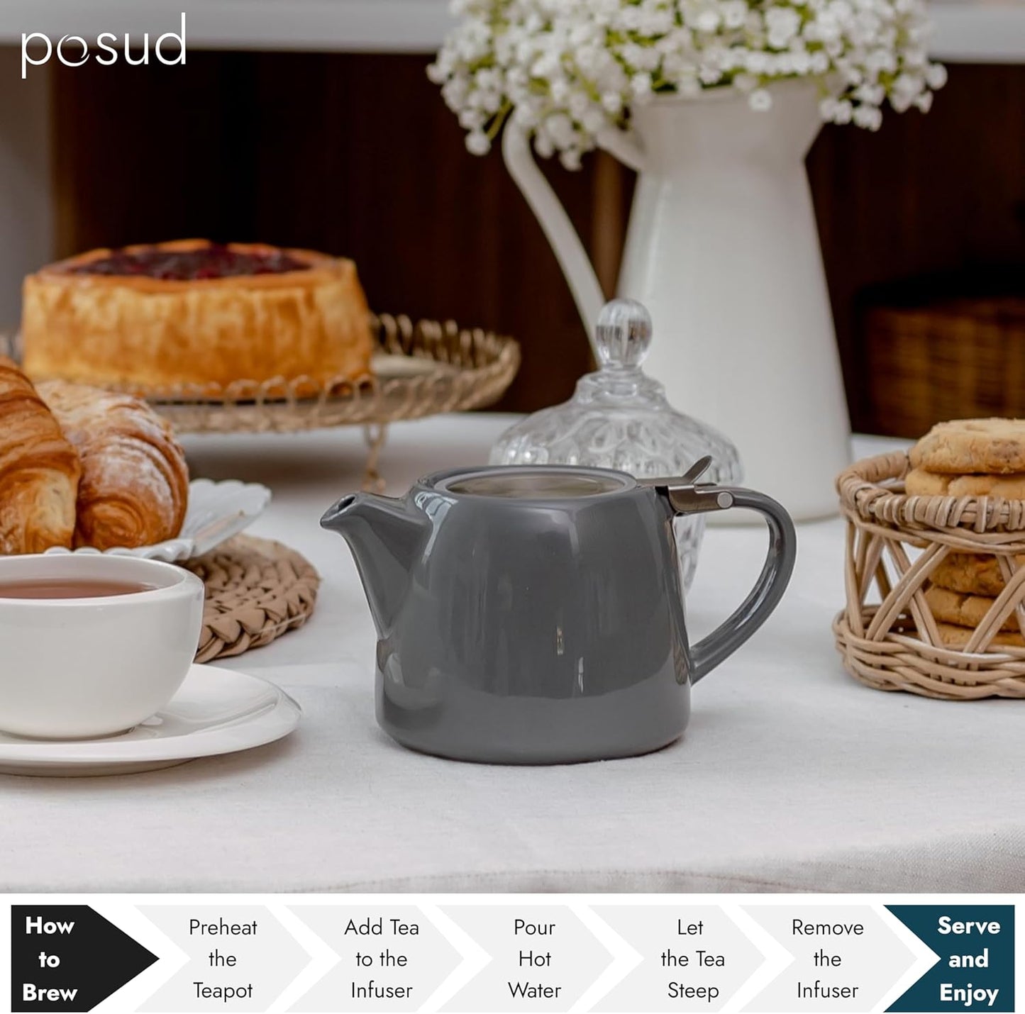 
                  
                    posud Keramik-Teekanne mit Teesieb – Kleine Porzellan-Teekanne für 2 Personen mit losem Teeblatt – 550 ml / 18,6 oz Stump-Teekanne für 2 Tassen mit Sieb (Grau) 
                  
                